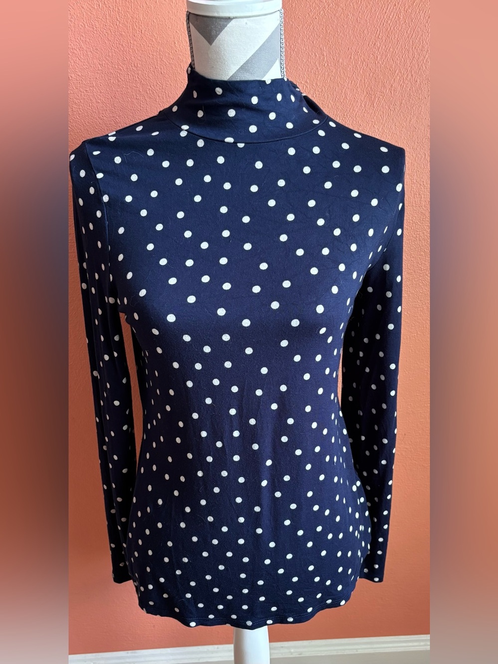 Boden Navy Turtleneck with White Polka Dots and Green Trim